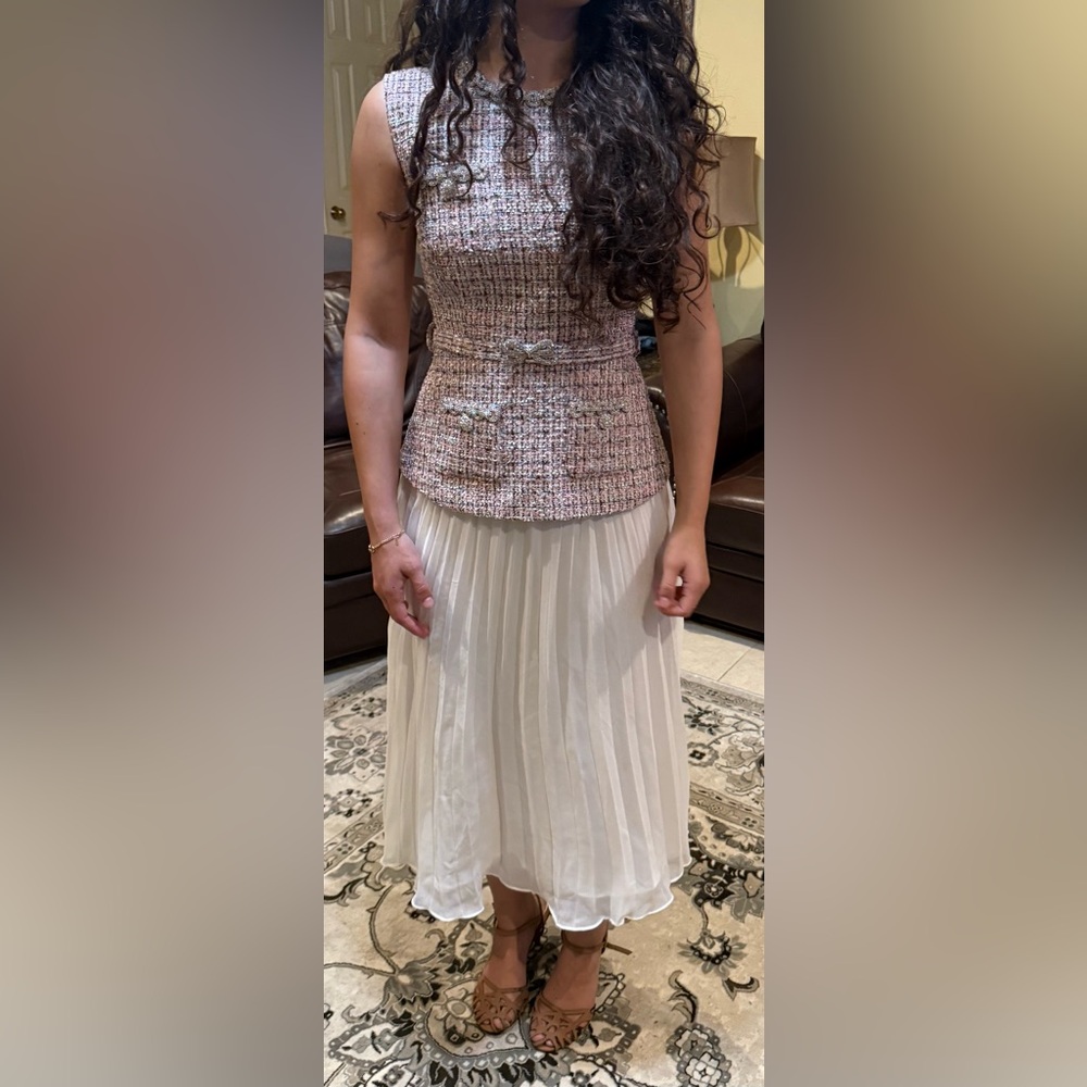New white chiffon Pleated Midi dress